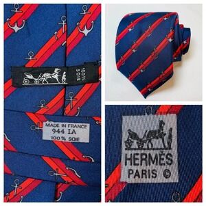Hermes Paris Silk Necktie Navy Blue Red Anchor Nautical Pattern‎ Luxury Mens